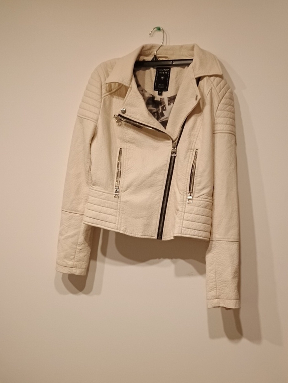 GUESS Off-White Quilted Moto Jacket with Silver Hardware